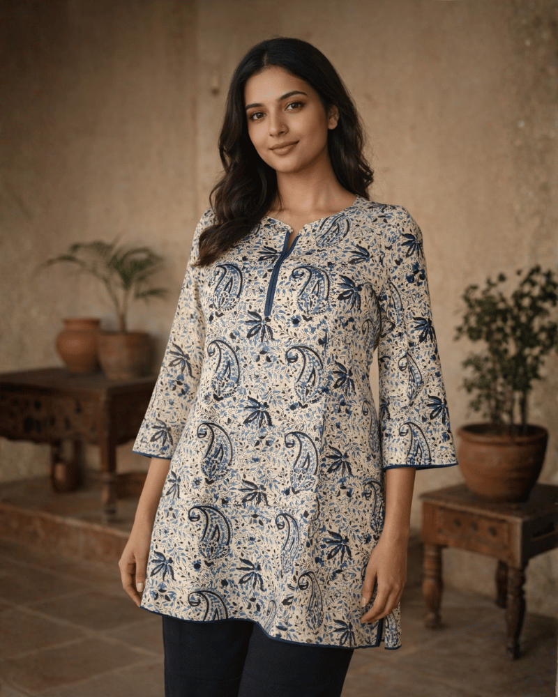 Blue Kalamkari Short Tunic - Front