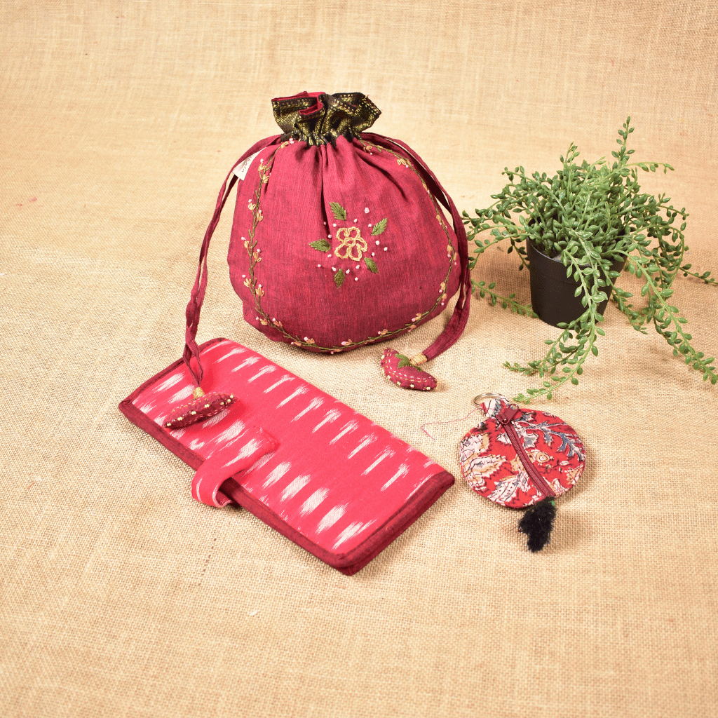 Raksha Bandhan Gift Combo for Sister – Feather Embroidery Potli, Ladies Wallet & Lip Balm Pouch