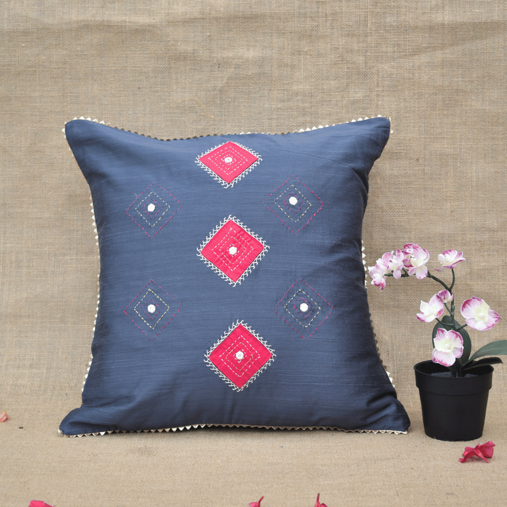 Grey Silk Cushion Cover With Mirror Embroidery