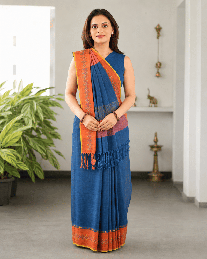 Blue Cotton Saree with Hand Embroidery