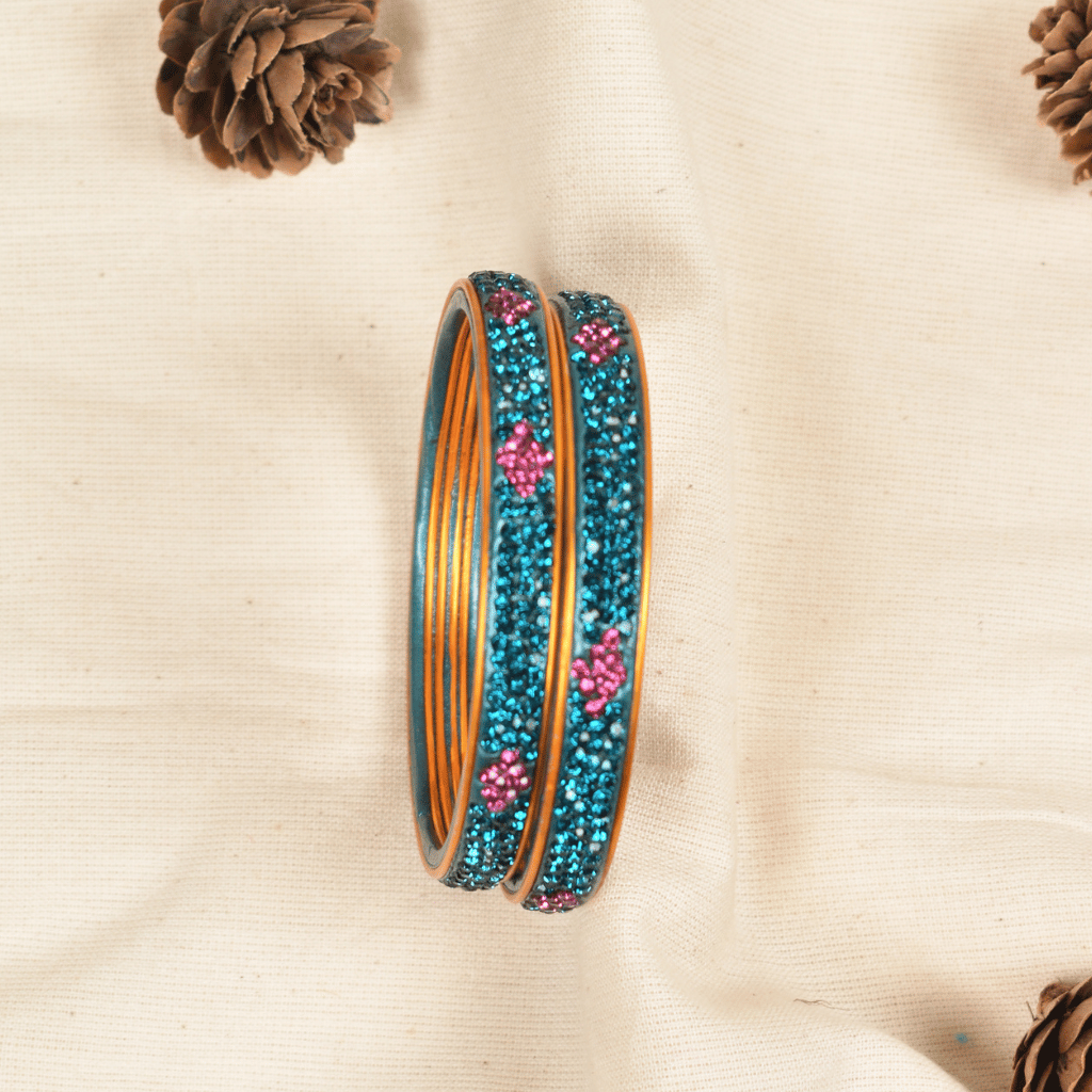 pair of blue & pink 3 line stones lac bangles