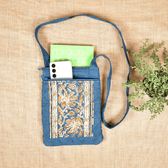 Blue kalamkari cotton sling bag cum phone pouch - zip pockets