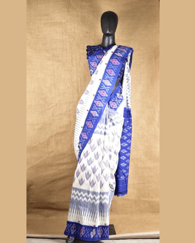White Ikat Saree With Hand Embroidery - Front