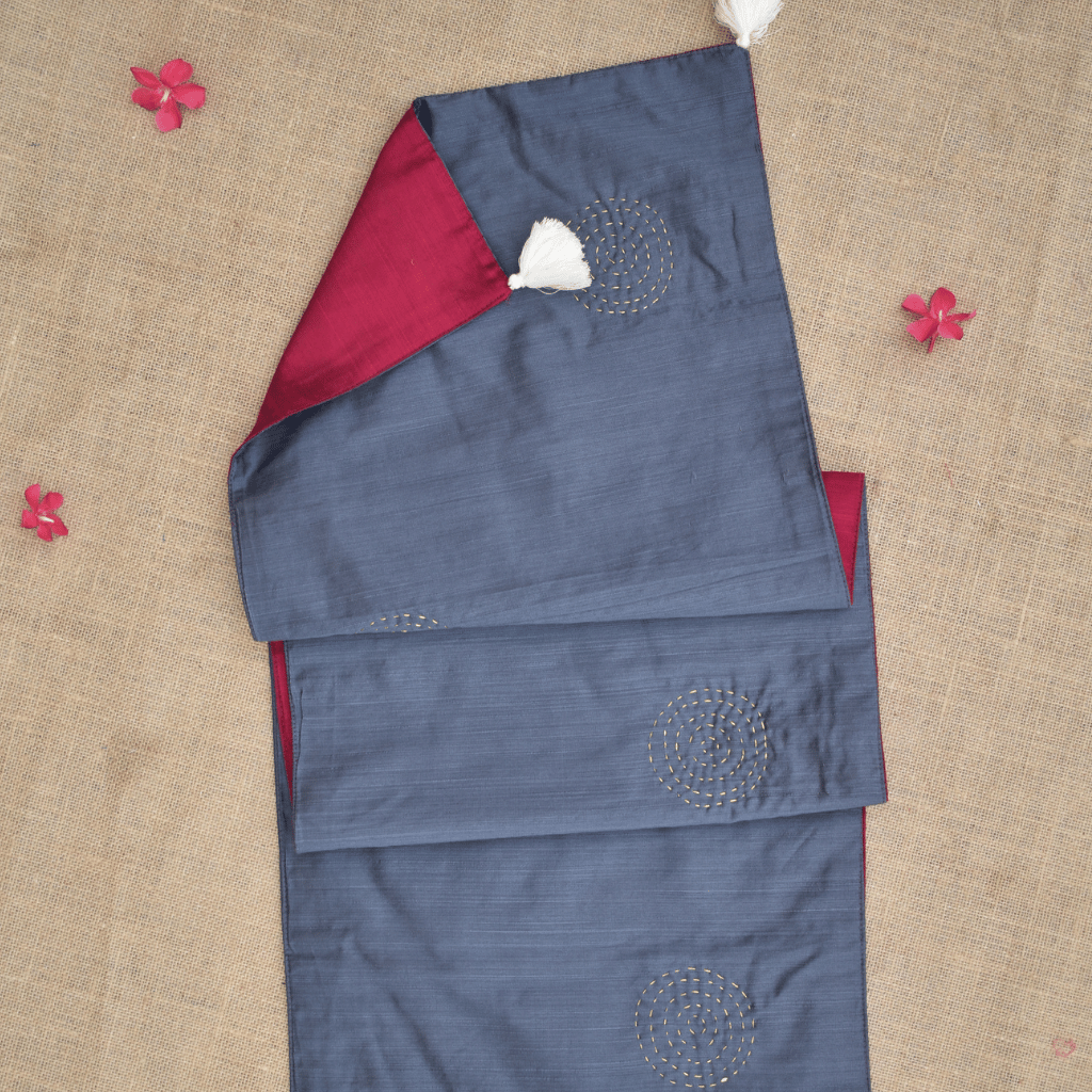 Maroon & Grey Silk reversible festive table runner - Kritikala