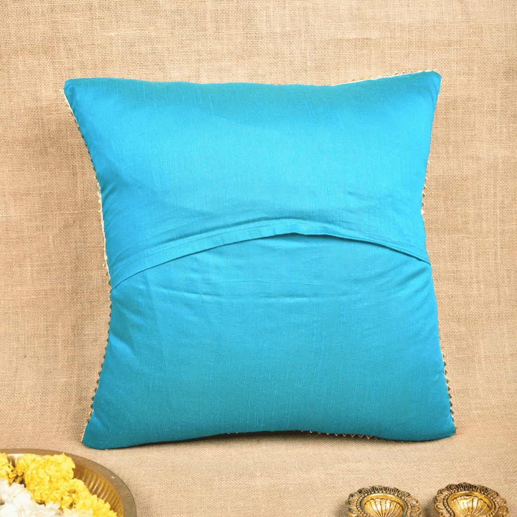 Blue Silk Cushion Cover With Lotus Embroidery