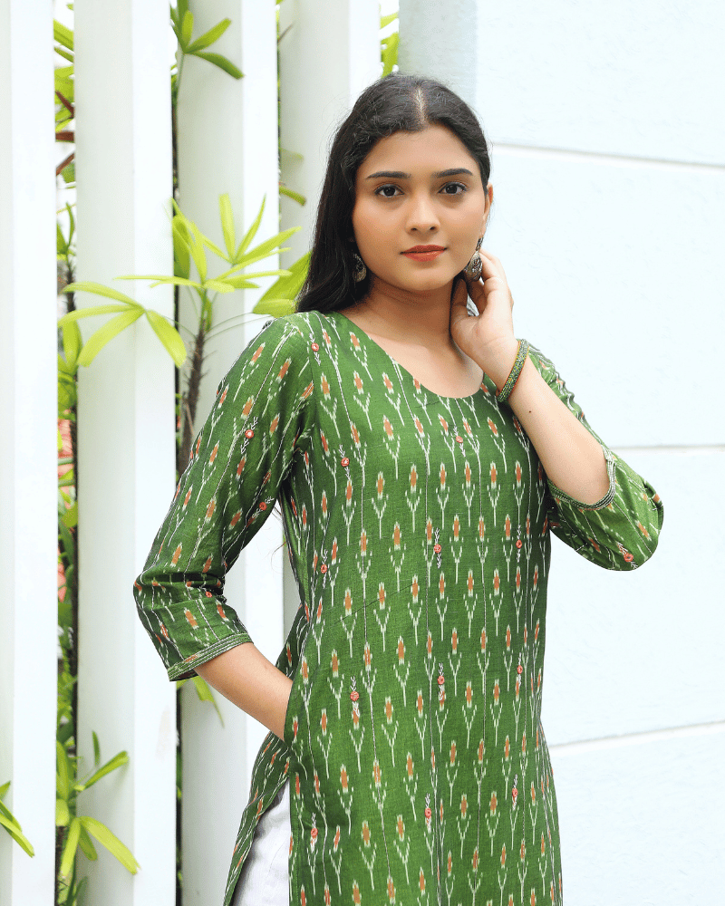 Hand Embroidery Mehndi green ikat silk kurta - pocket