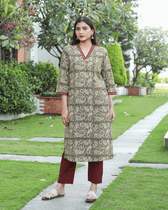Green Kalamkari Overlapped V Collar kurta - Kritikala