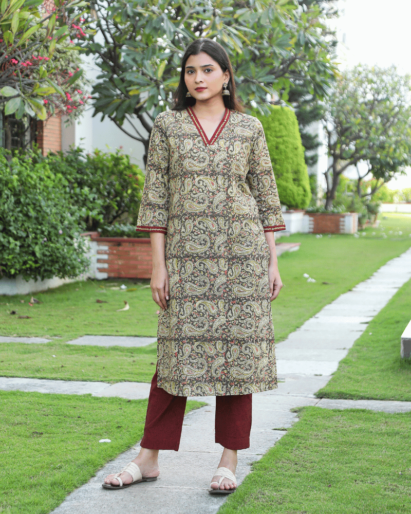 Green Kalamkari Overlapped V Collar kurta - Kritikala