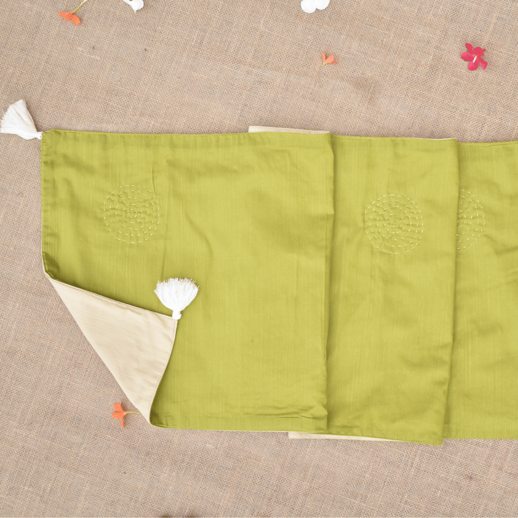 Green & cream Silk reversible festive table runner - Kritikala
