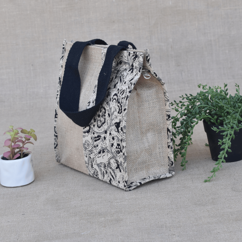 Black kalamkari and jute lunch bag