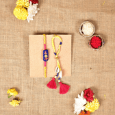 Handcrafted Bhai Bhabhi Rakhi Set with Cotton Potli, Kumkum & Rice - Blue