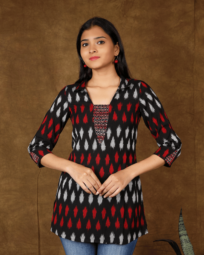 Red & Black ikat Embroidery tunic - sleeves
