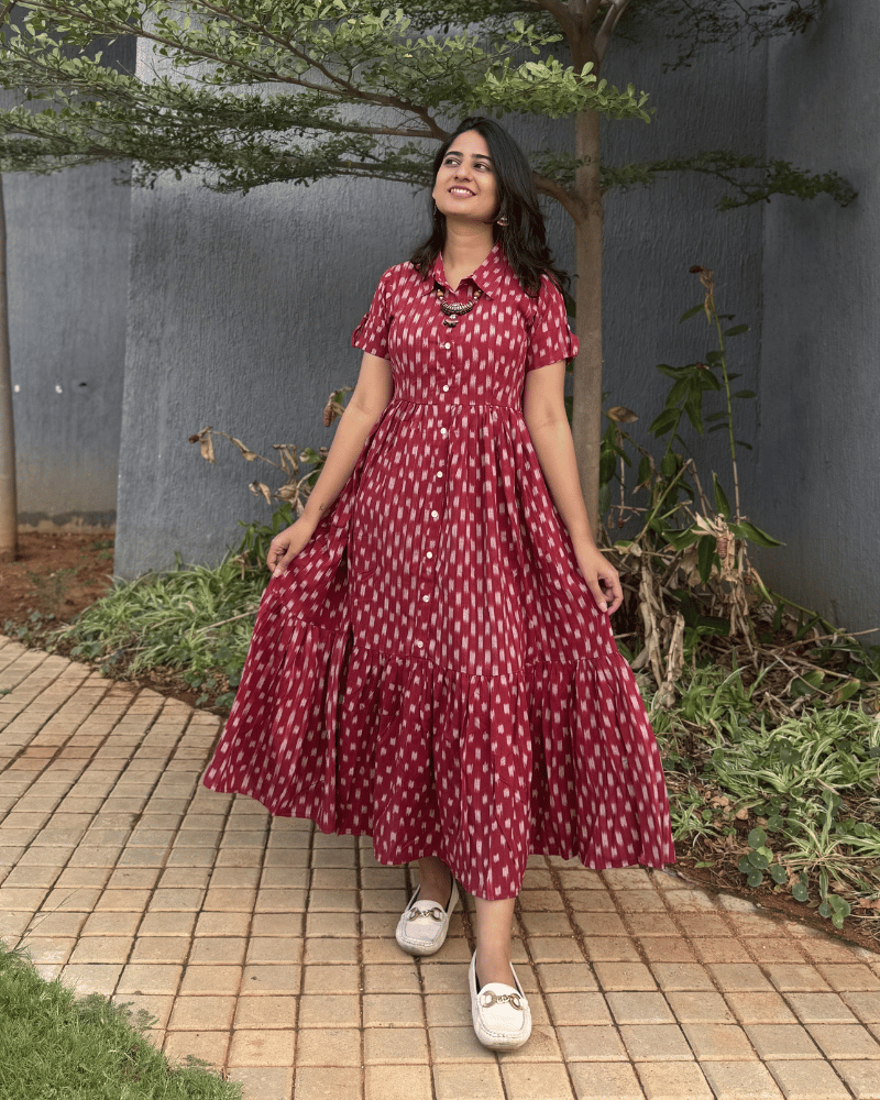 Maroon Ikat Cotton Calf-Length Dress with Shirt Collar 