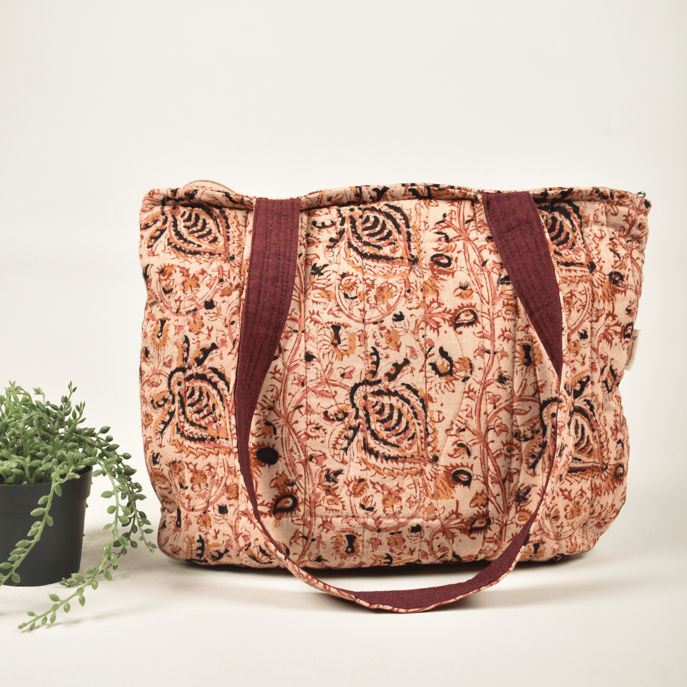 Cream kalamkari quilted flat bag - Back