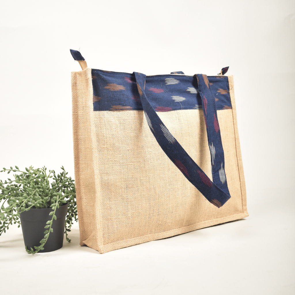 Classic Jute Bag With a Blue ikat Design