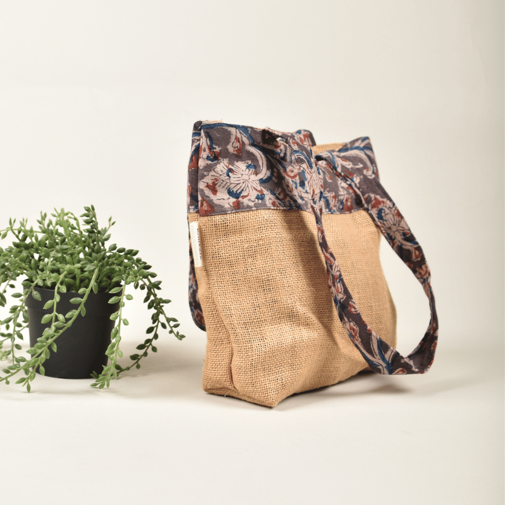 Soft jute tambulam or gift bag with black Kalamakri print