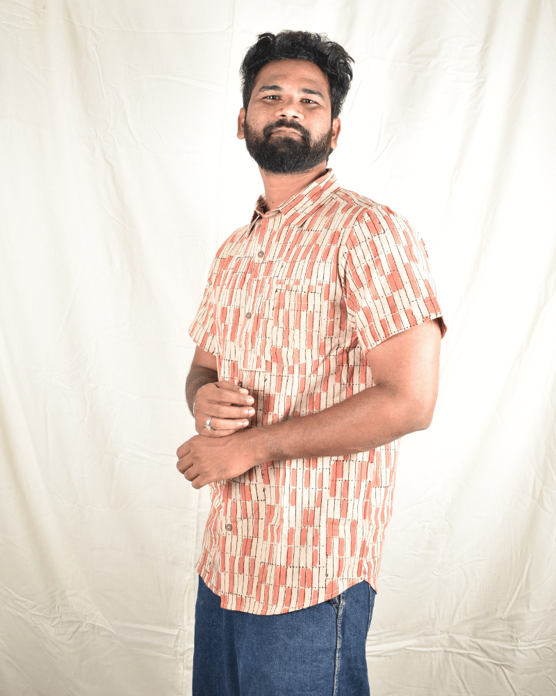 Pink Casual Men's Shirt In Kalamkari cotton