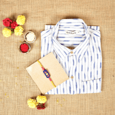 Raksha Bandhan Gift Combo – Handcrafted Blue Rakhi with Men's Handloom Cotton Shirt