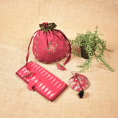 Raksha Bandhan Gift Combo for Sister – Feather Embroidery Potli, Ladies Wallet & Lip Balm Pouch