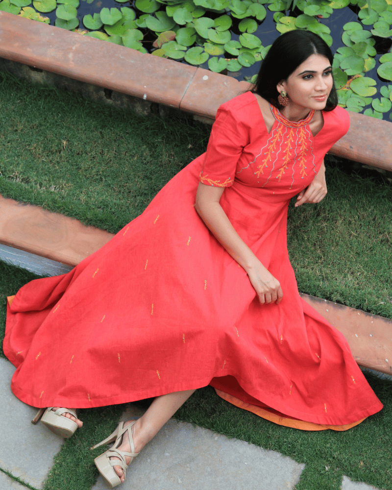 Red Embroidered High-Low Women’s Dress