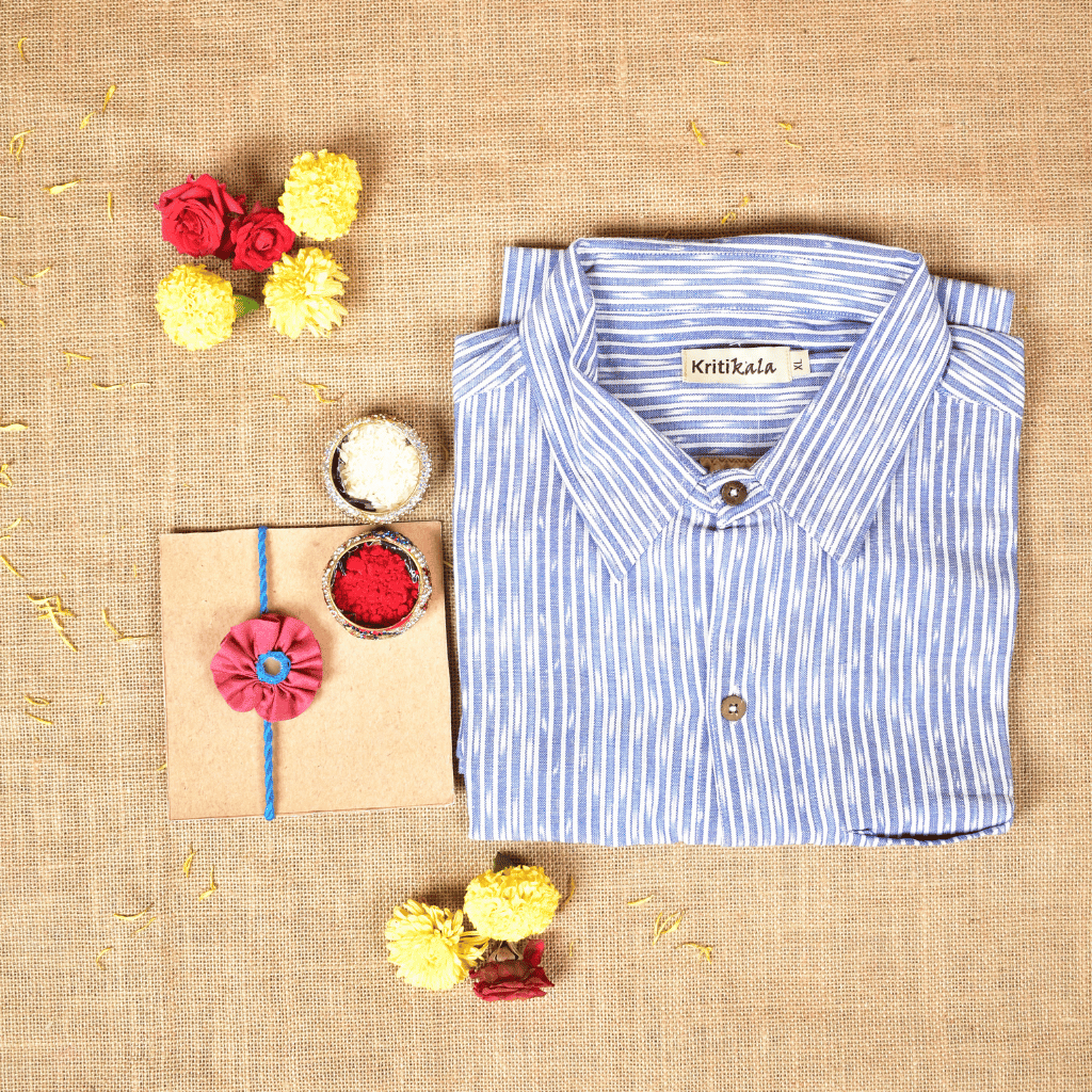 Raksha Bandhan Gift Combo – Handcrafted Pink Rakhi with Men's Handloom Cotton Shirt