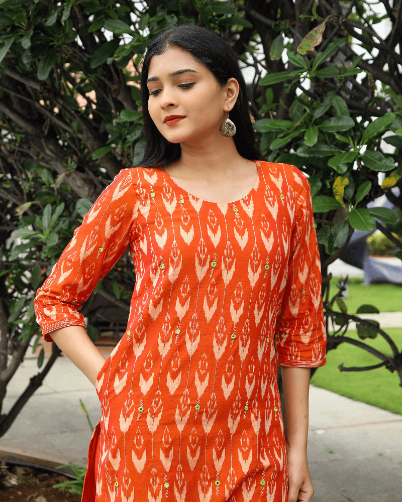 Hand Embroidery Orange ikat silk kurta - pocket