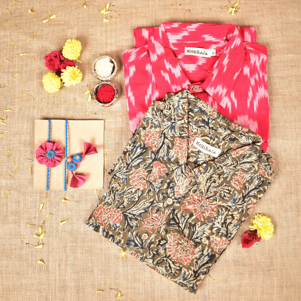 Bhai Bhabhi Raksha Bandhan Gift Combo – Rakhi Set with Men's Shirt & Women's Free Size Shirt