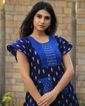 Blue ikat pleated embroidery dress front view