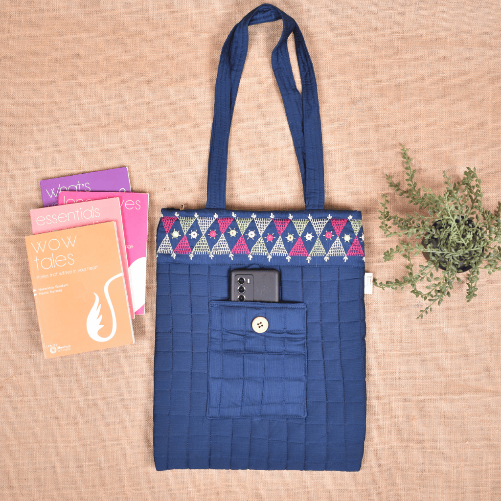 Navy Blue silk embroidered tote bag - pocket