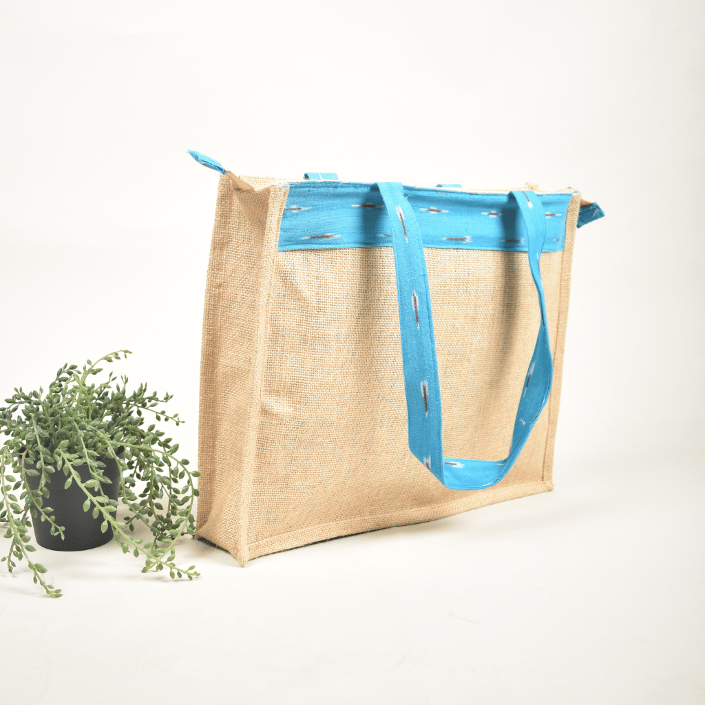 Classic Jute Bag With a Sky Blue ikat Design