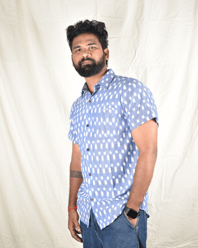 Sky Blue Casual Men's Shirt In Ikat cotton