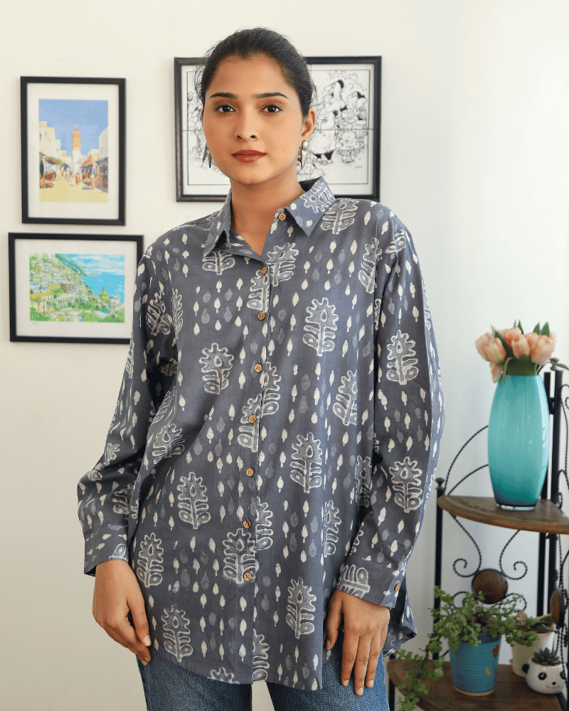 Stylish Women’s Grey Kalamkari Cotton Shirt - free size