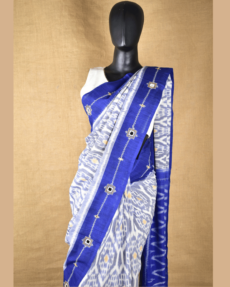 Grey ikat saree with hand embroidery