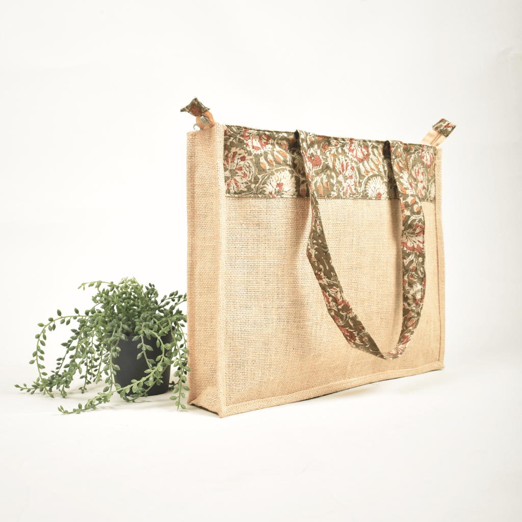Classic Jute Bag With a Green Kalamkari Design