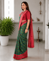 Green ikat saree with hand embroidery