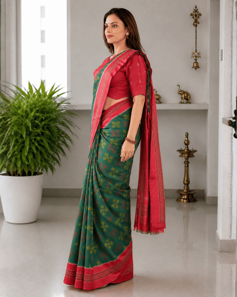 Green ikat saree with hand embroidery