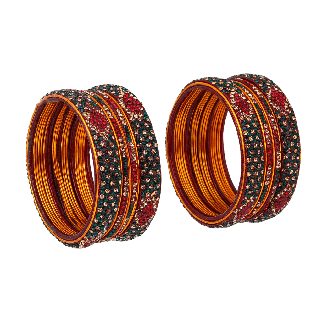 Set of eight bangles in green & maroon tones - Hyderabad