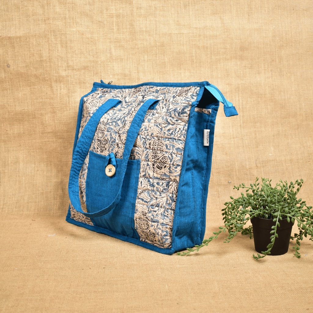 Sky Blue Kalamkari Quilted Tote Bag - side