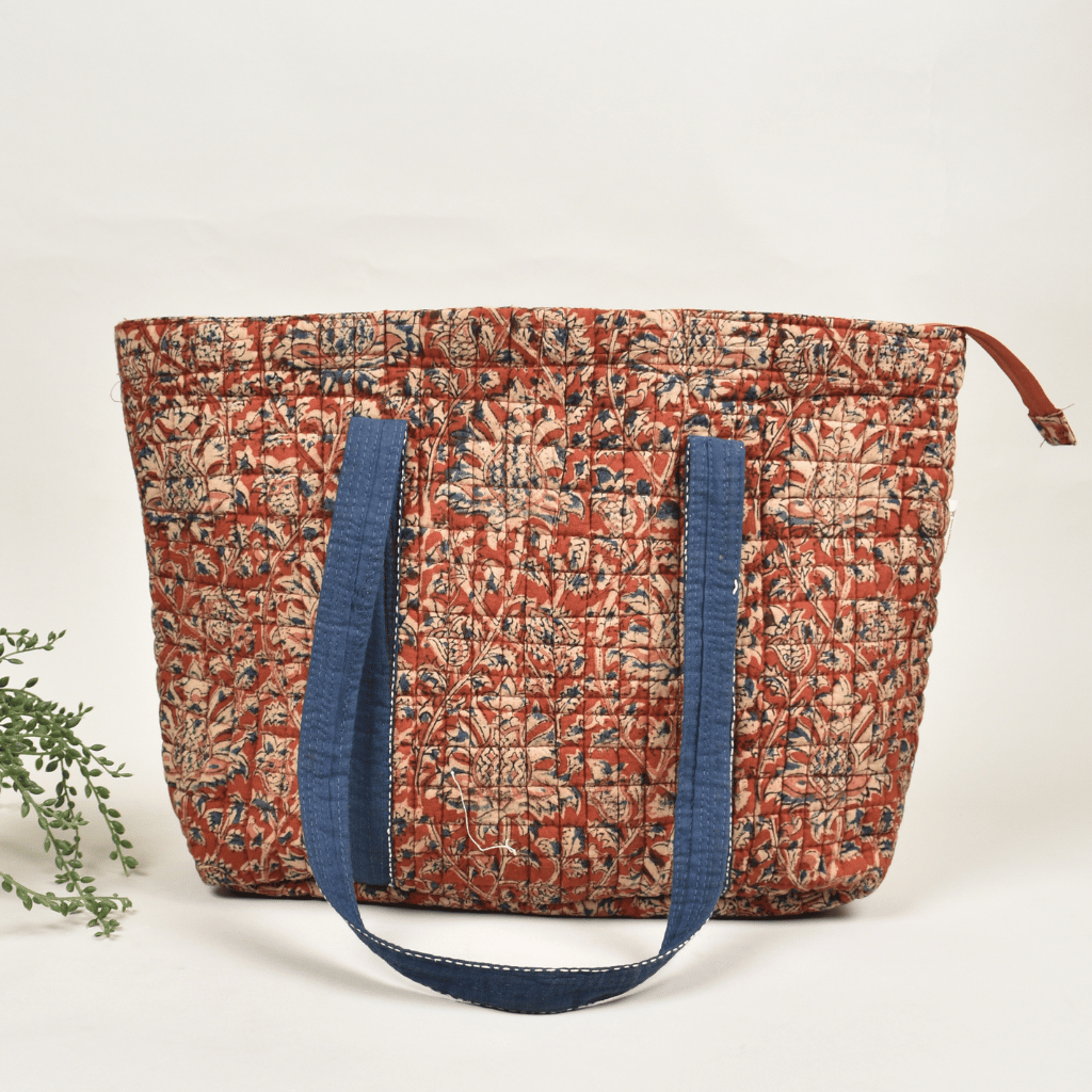 Quilted Red Kalamkari Large Tote Bag - back