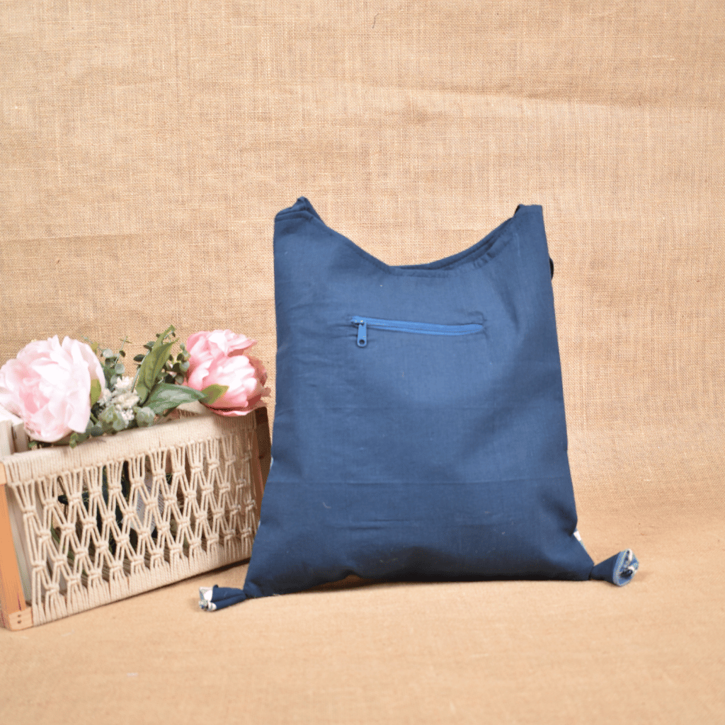 Blue and White Ikat sling bag with hand embroidery - pockets