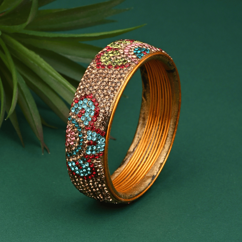 Ethnic gold toned stone studded kada made with lac - women