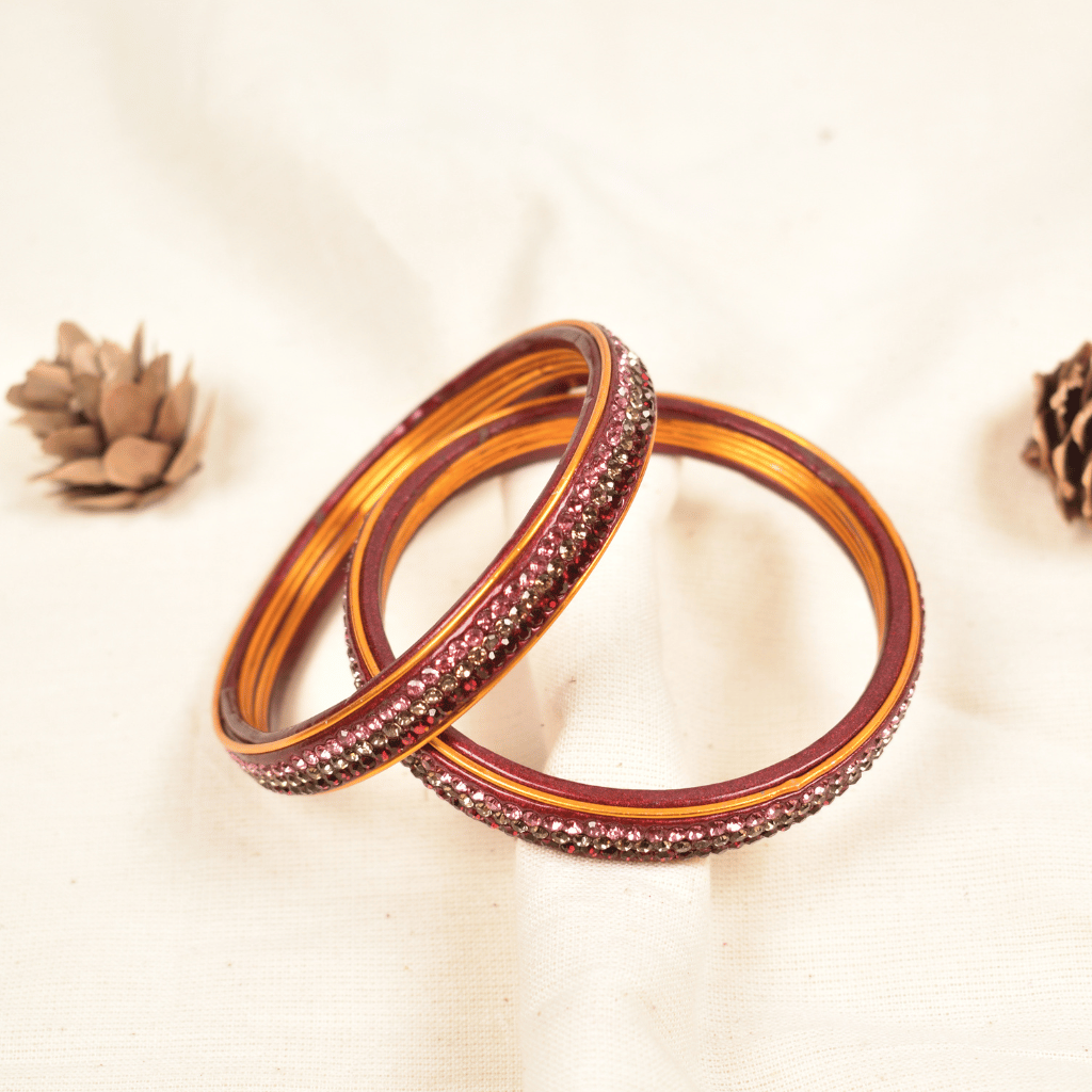 Pair of red & pink 3 line stoned lac bangles  - glittery