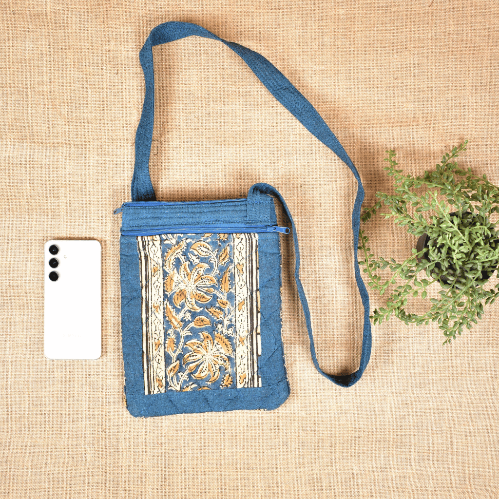Blue kalamkari cotton sling bag cum phone pouch - front