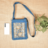 Blue kalamkari cotton sling bag cum phone pouch - front