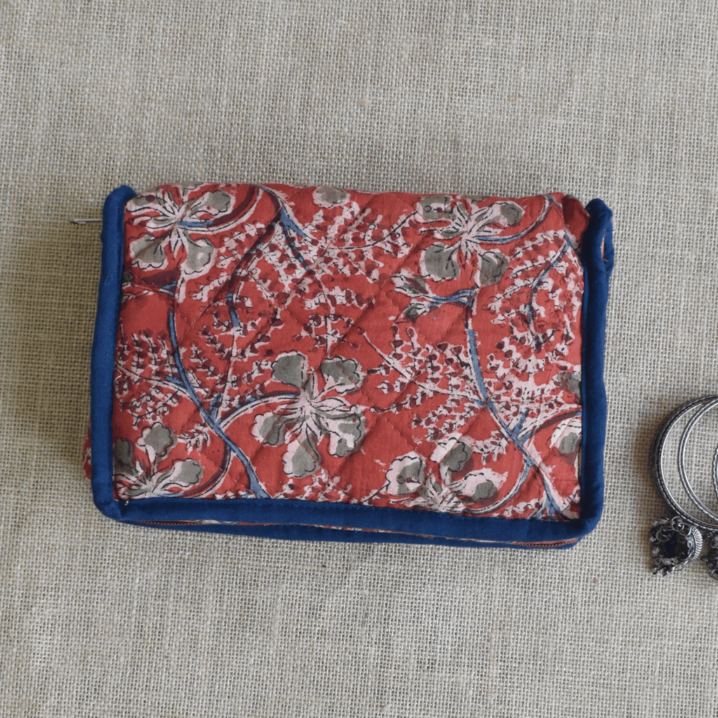 Rust kalamkari jewellery case with 4 zip pockets