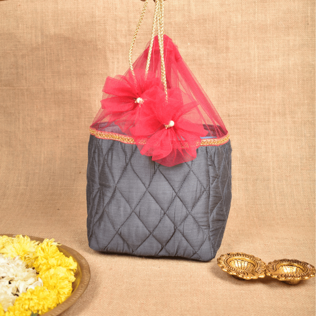 Grey Silk Potli Bag | Handmade & Reusable