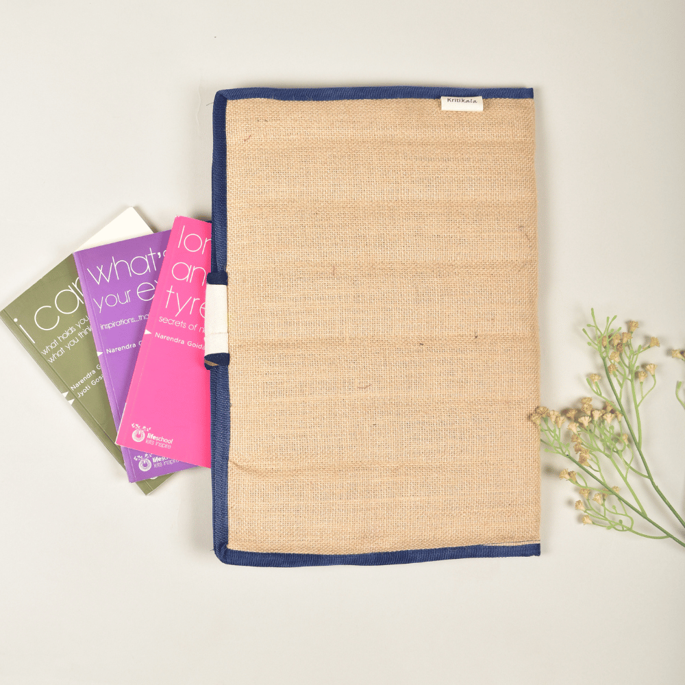 Blue jute folder with Velcro closure - back