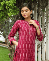 Maroon Straight Fit Mercerized Ikat Printed Kurta - Pocket