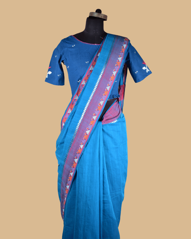 Sky Blue Cotton Saree with Hand Embroidery