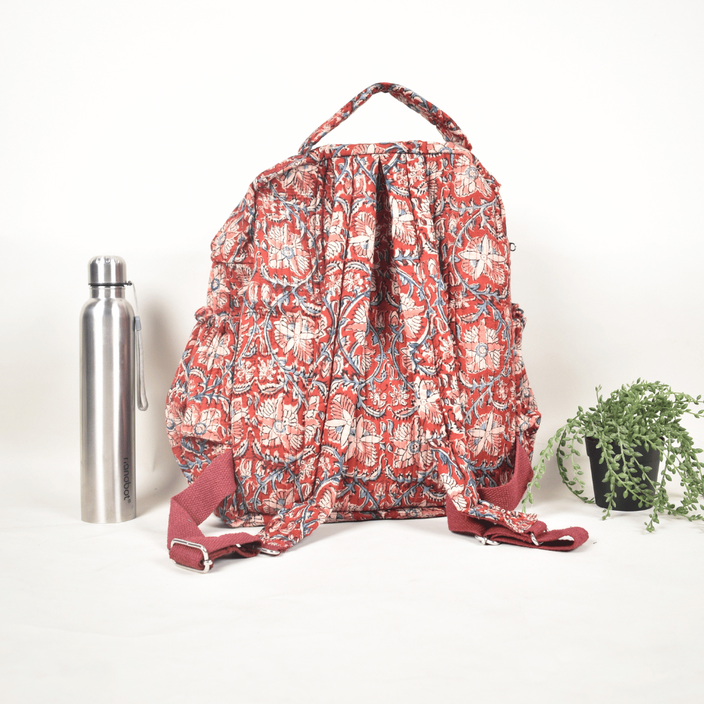 Red & Pink Kalamkari backpack laptop bag - back